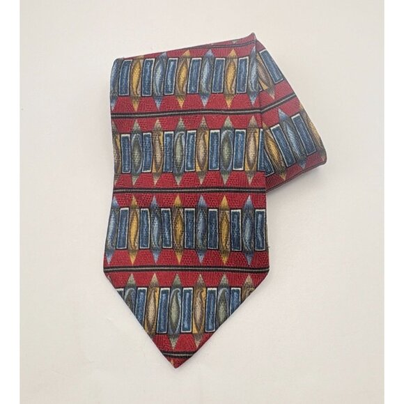 Vintage Metropolitan Museum of Art Silk Tie Red Geometric Blue & Gold Accents - Picture 6 of 6